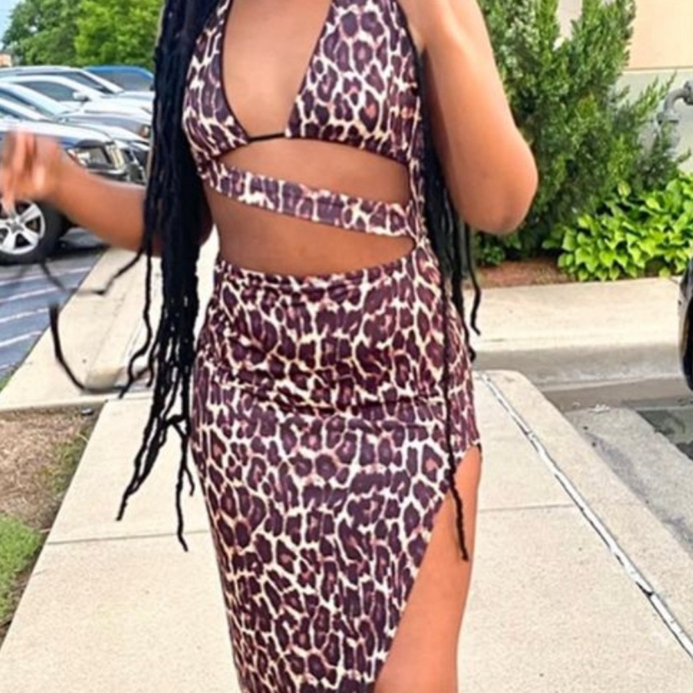 PLT Brown Leopard Print Slinky Plunge Cut Out Detail Split Midi Dress